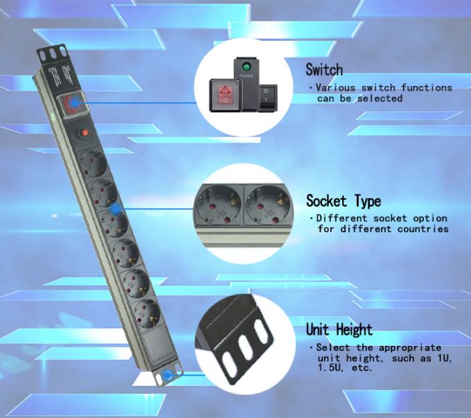 19 Inch Horizontal 6 Ways 8 Ways Schuko Sockets PDU With On/Off Switch 3x1.5mm² Cable